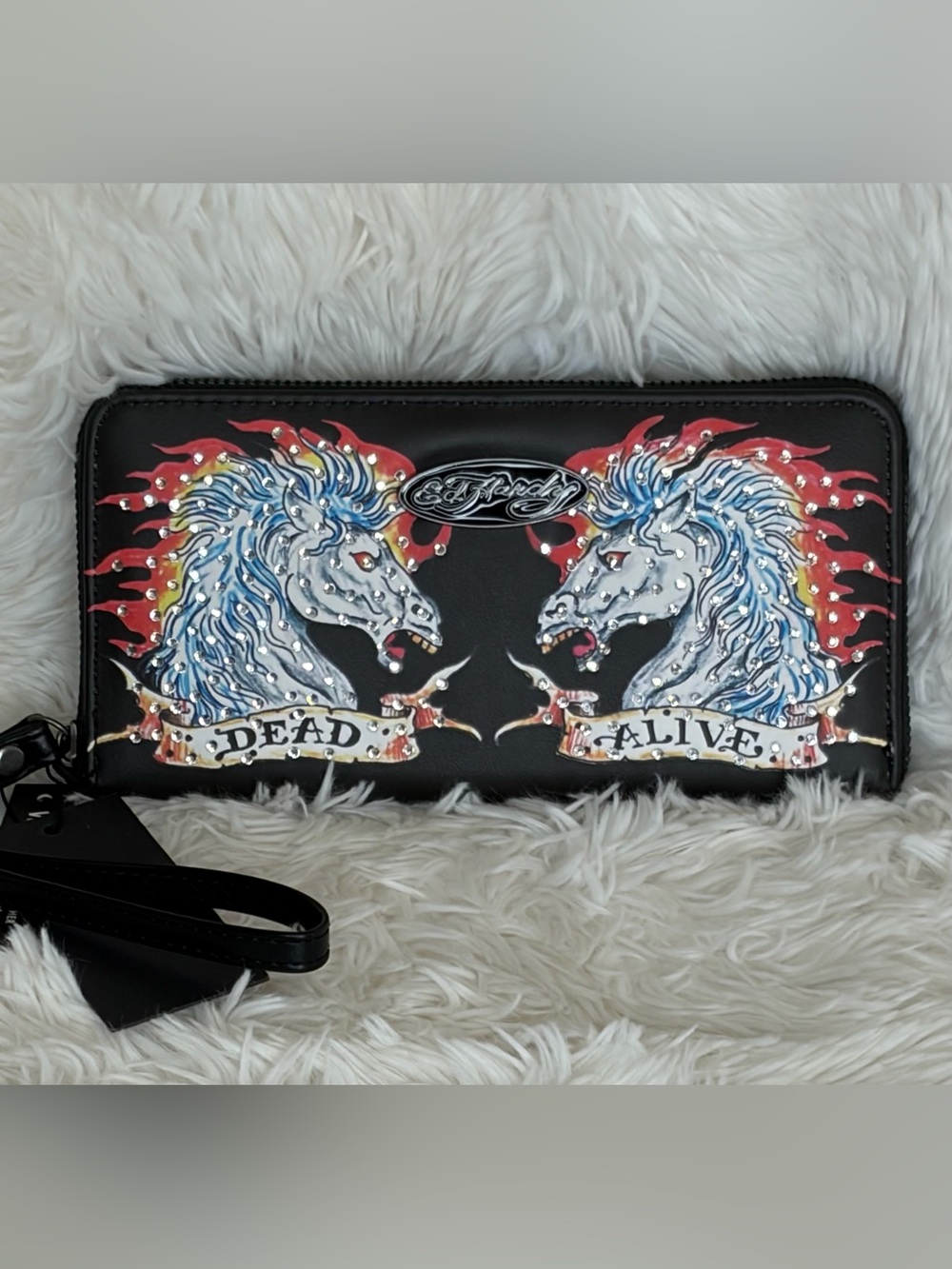 Ed Hardy Black Leather Double Stallion Zip Clutch Wallet
